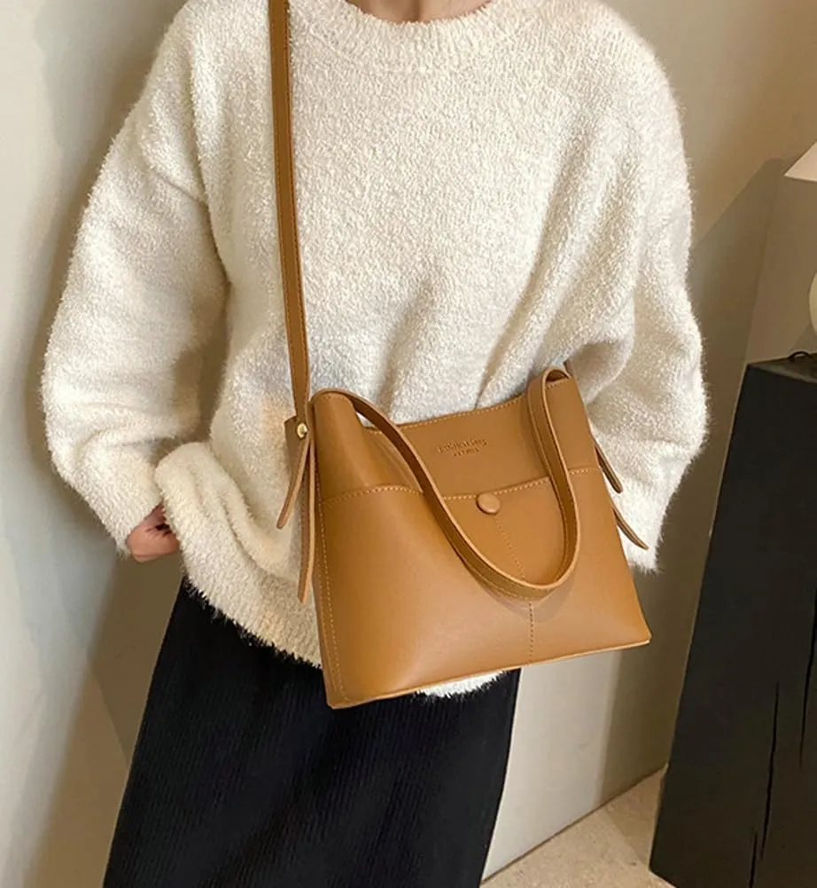 Womens Vegan Leather Shoulder Crossbody Bag Fashion Handbags Large Bucket Tote Bag Top Handle Purse