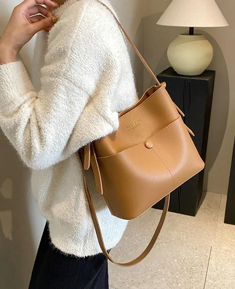 Womens Vegan Leather Shoulder Crossbody Bag Fashion Handbags Large Bucket Tote Bag Top Handle Purse