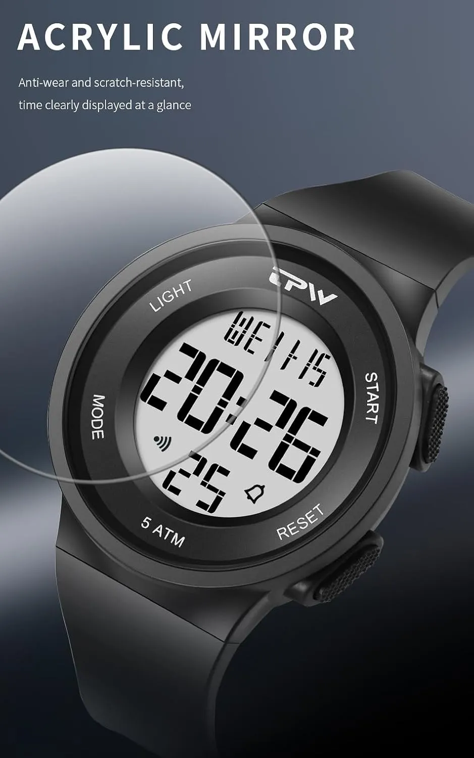 Womens Watch Fashion LED Digital Watch Simple Outdoor Sport Watch Alarm Clock 5Bar Waterproof Silicone Strap Watch