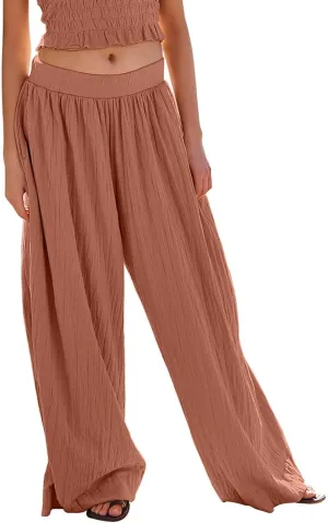Women's Wide Leg Pants Oversized Comfortable Pleated High Waist Palazzo Pants Casual Summer Beach Trousers with Pockets
