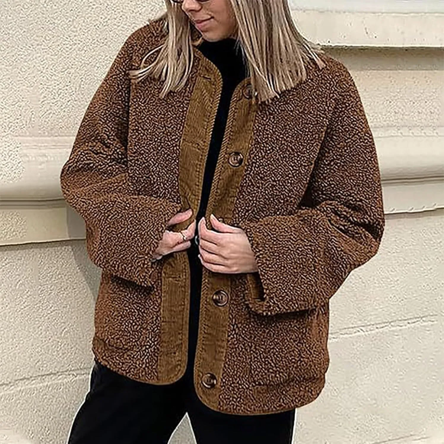 Womens Winter Jacket Stand-Collar Cotton Jacket Loose Pocket Cotton Jacket Warm Winter with 4 Pockets Long Coat