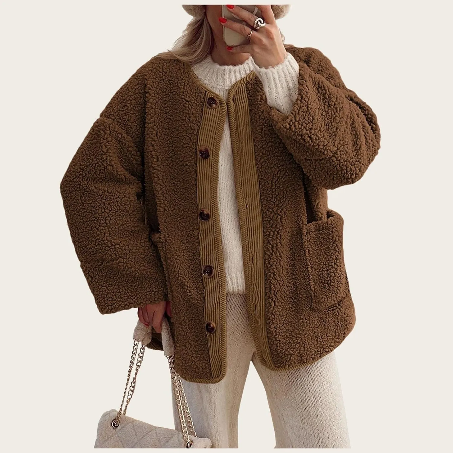 Womens Winter Jacket Stand-Collar Cotton Jacket Loose Pocket Cotton Jacket Warm Winter with 4 Pockets Long Coat
