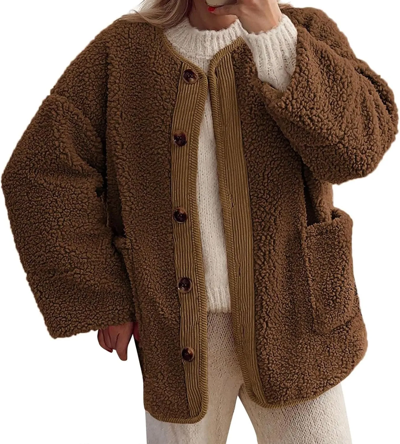 Womens Winter Jacket Stand-Collar Cotton Jacket Loose Pocket Cotton Jacket Warm Winter with 4 Pockets Long Coat