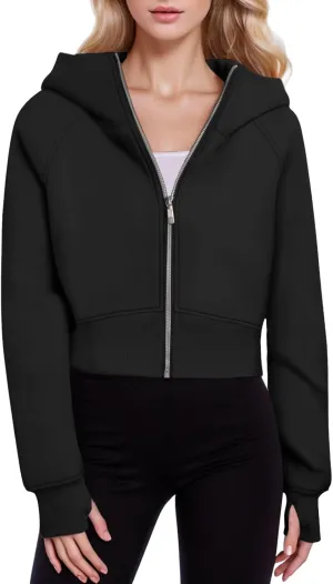 Womens Zip Up Hoodies Cropped Sweatshirts Casual Hooded Pullover Sweaters Tops Fashion Solid Fall Outfits Outwear