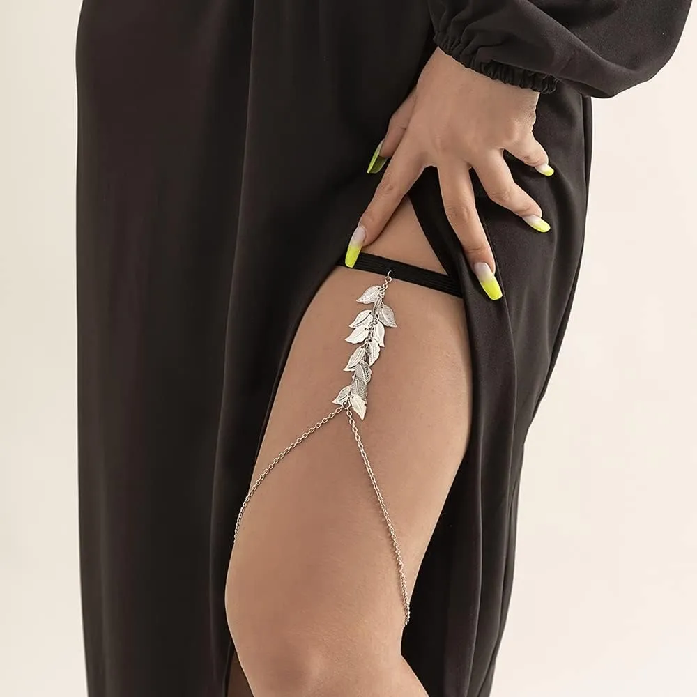 WXYNHHD Bohemian Simple Leaf Charm Leg Chain Metal Leaves Tassel Pendants Thigh Chains Body Chains(Silver)