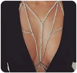 Xerling Bling Rhinestones Tassel Body Chains Women Layered Fringe Bra Chains Statement Crystal Body Jewelry Sexy Belly Chains for Bikini Party Costume (Type C Gold)