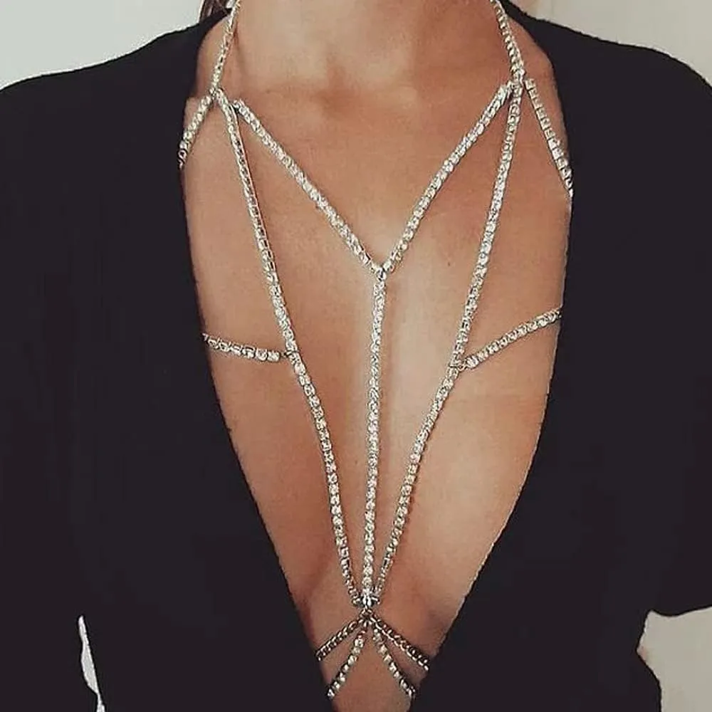 Xerling Bling Rhinestones Tassel Body Chains Women Layered Fringe Bra Chains Statement Crystal Body Jewelry Sexy Belly Chains for Bikini Party Costume (Type C Gold)