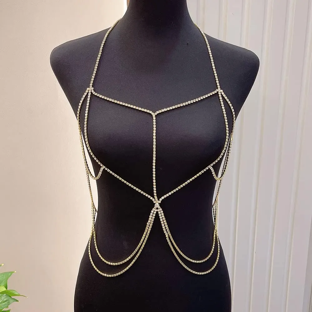 Xerling Bling Rhinestones Tassel Body Chains Women Layered Fringe Bra Chains Statement Crystal Body Jewelry Sexy Belly Chains for Bikini Party Costume (Type C Gold)