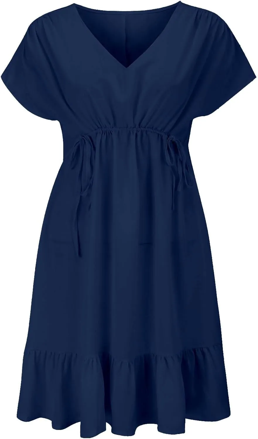 XOWRTE Womens Summer Dresses Short Sleeve V Neck Empire Waist Drawstring Casual Ruffle A-Line Swing Mini Babydoll Dress