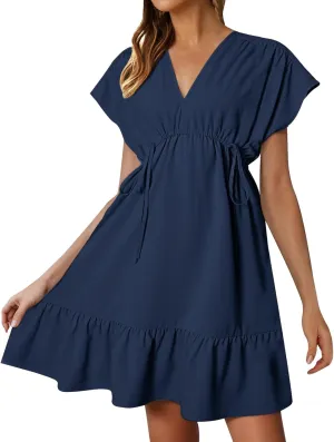 XOWRTE Womens Summer Dresses Short Sleeve V Neck Empire Waist Drawstring Casual Ruffle A-Line Swing Mini Babydoll Dress