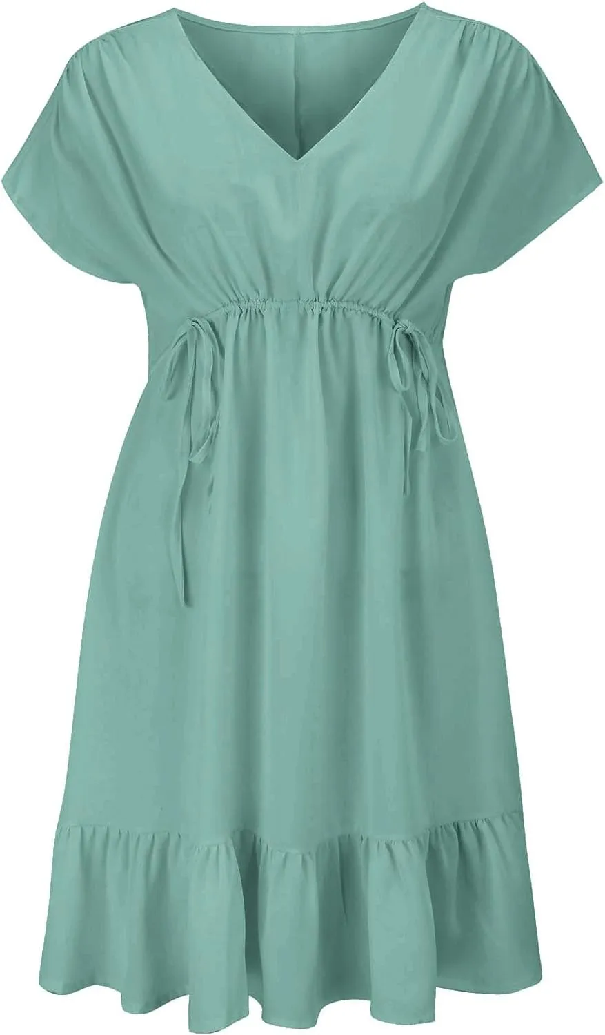 XOWRTE Womens Summer Dresses Short Sleeve V Neck Empire Waist Drawstring Casual Ruffle A-Line Swing Mini Babydoll Dress