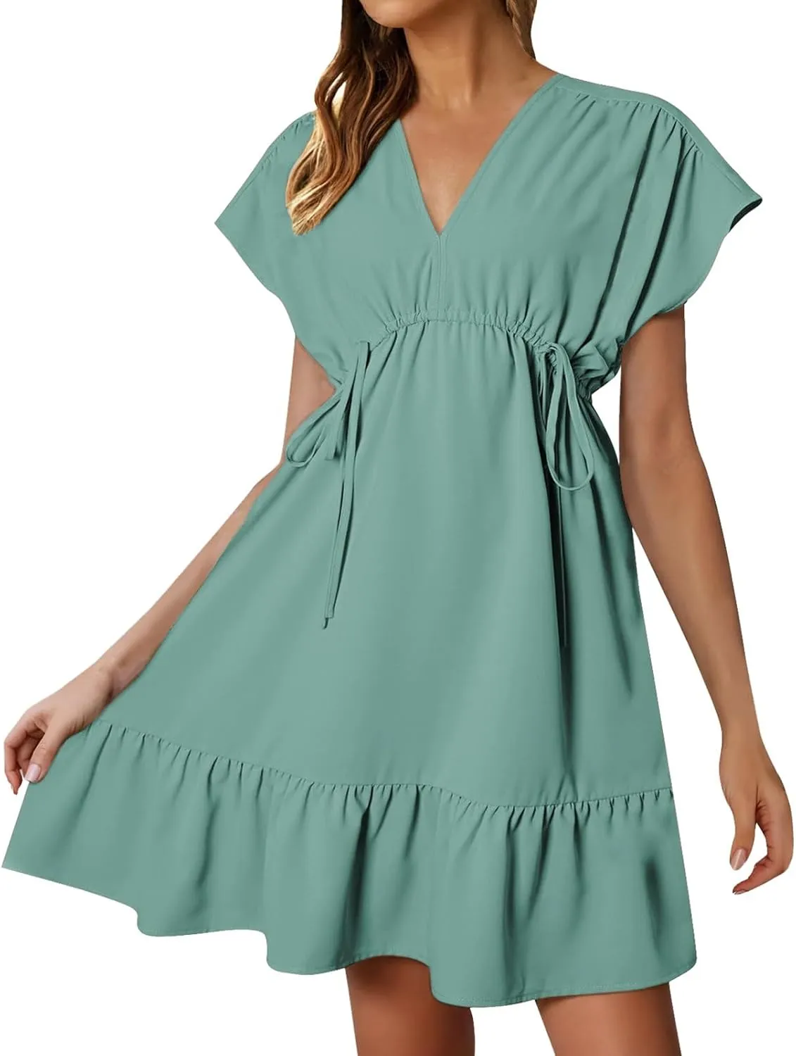 XOWRTE Womens Summer Dresses Short Sleeve V Neck Empire Waist Drawstring Casual Ruffle A-Line Swing Mini Babydoll Dress