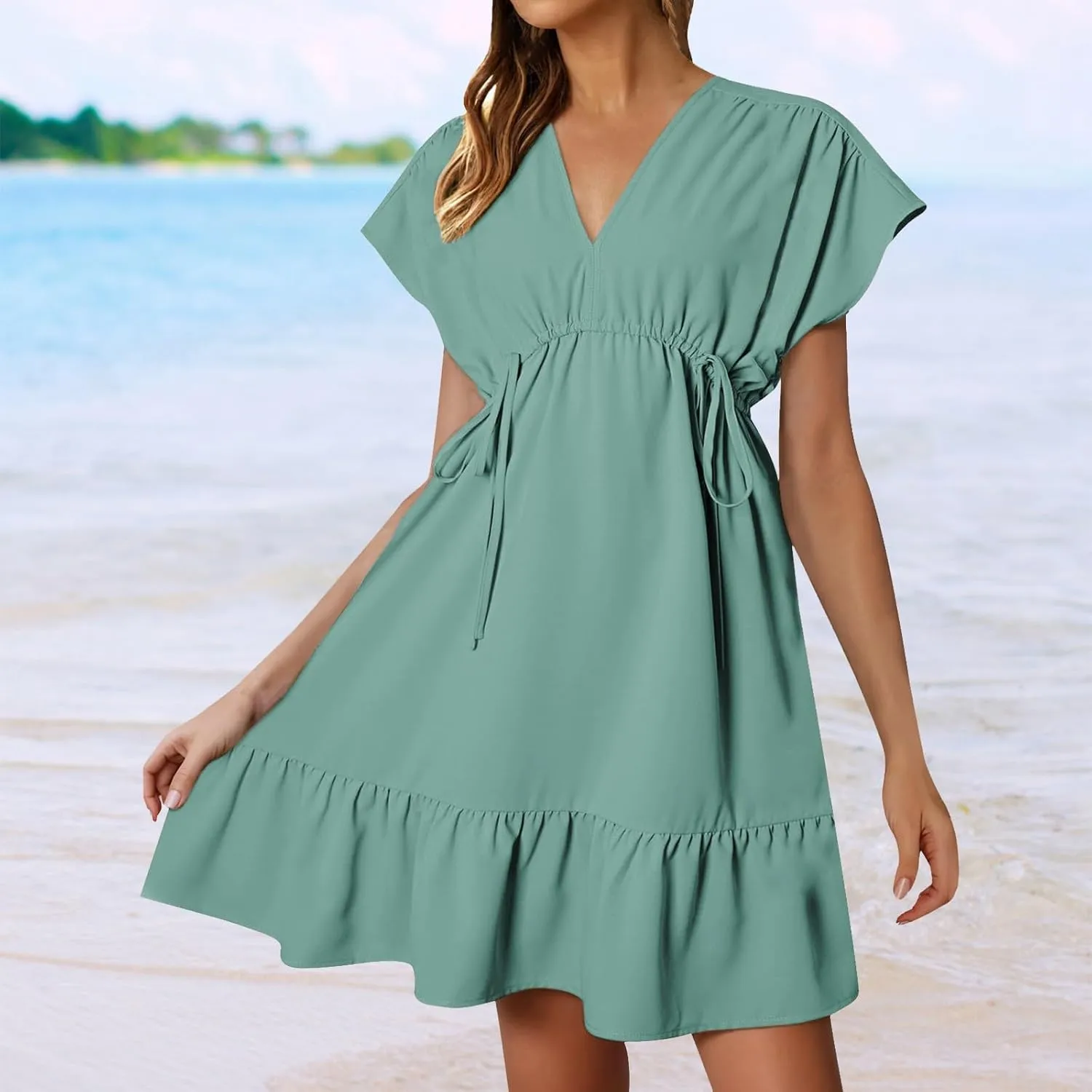 XOWRTE Womens Summer Dresses Short Sleeve V Neck Empire Waist Drawstring Casual Ruffle A-Line Swing Mini Babydoll Dress