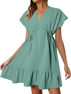 XOWRTE Womens Summer Dresses Short Sleeve V Neck Empire Waist Drawstring Casual Ruffle A-Line Swing Mini Babydoll Dress