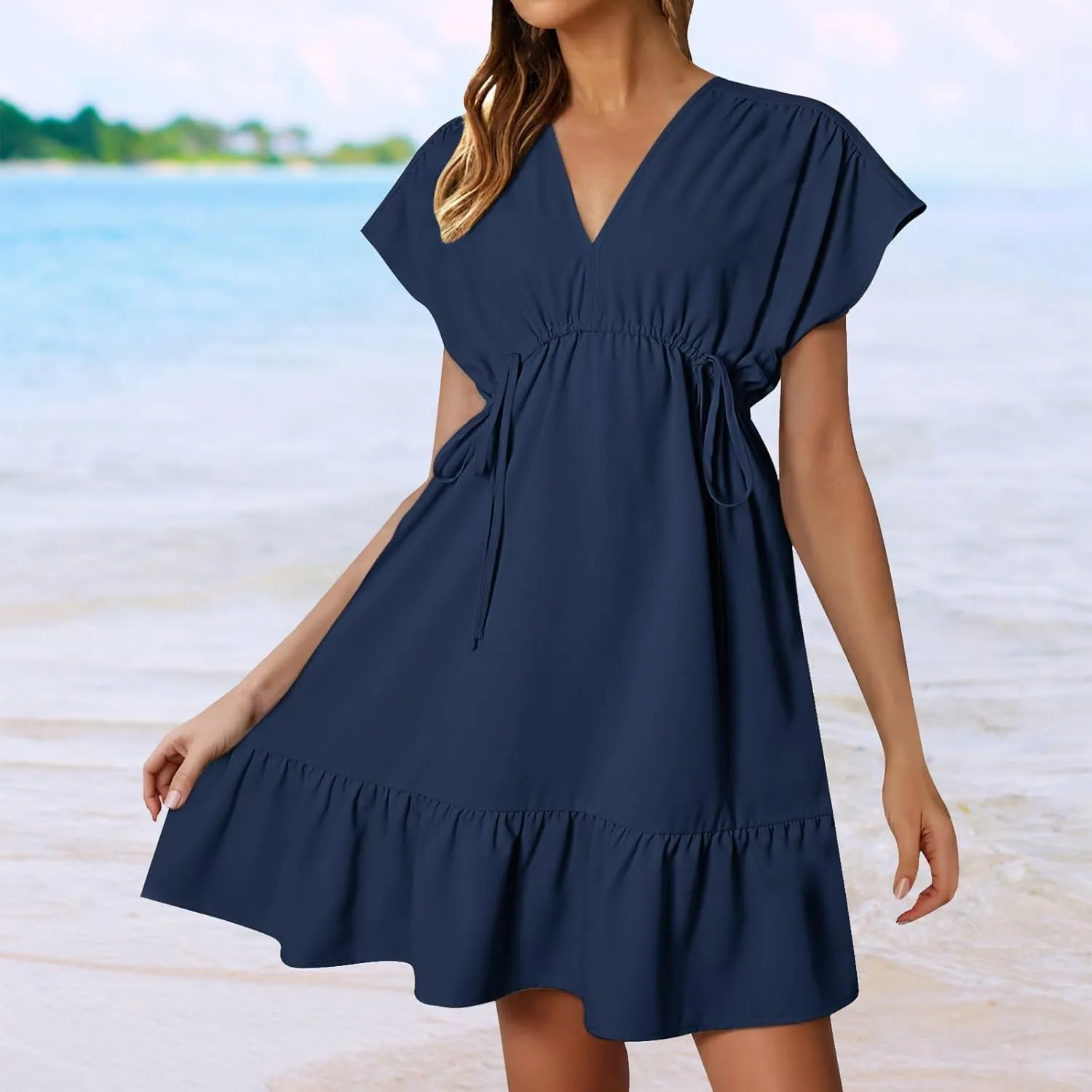 XOWRTE Womens Summer Dresses Short Sleeve V Neck Empire Waist Drawstring Casual Ruffle A-Line Swing Mini Babydoll Dress