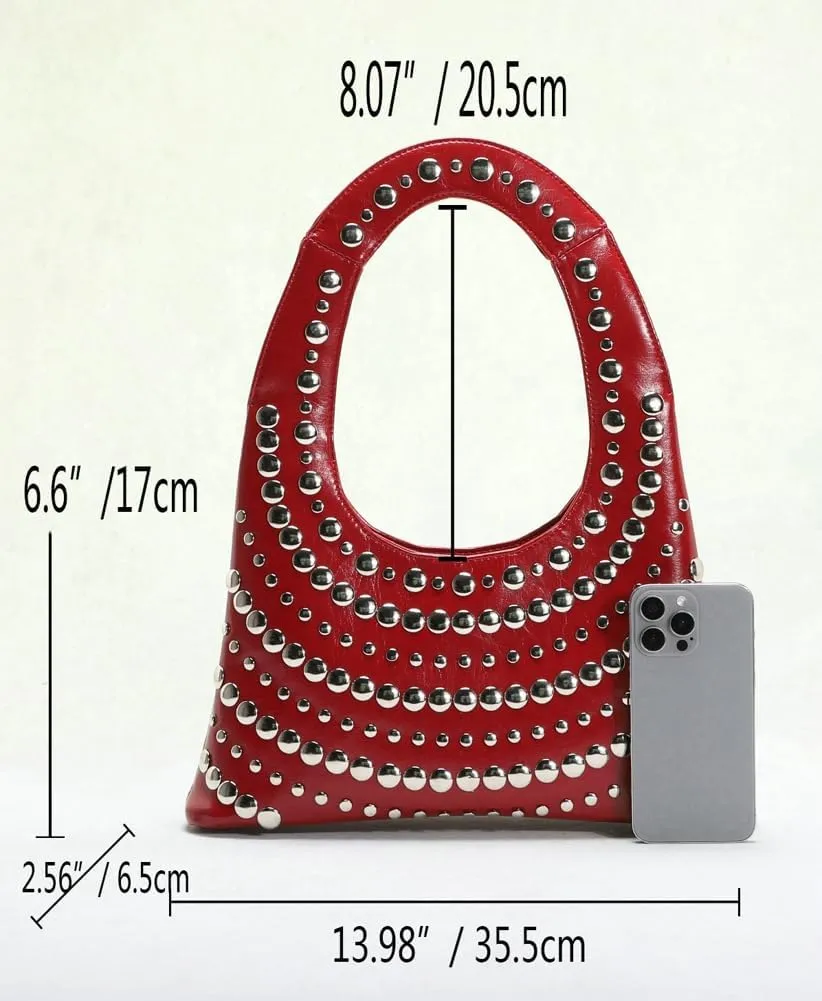 Y2k Rivet Studded Purses Shoulder Bag Hobo Bags Women Cute Crescent Crossbody Purse PU Leather Punk Evening Clutch Bag