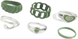 yaozeio Silver Heart Hug Ring Y2K Chunky Rings for Women Stackable Green Rings Twisted Finger Ring Set Stacking Stacked Midi Rings for Women Hand Aesthetic Rings