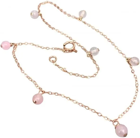 YONKU Hand Crafted 9ct Solid Rose Gold Anklet with Tiny Rose Quartz Gemstone Beads, 9K Solid Rose Gold Anklet with Tiny Rose Quartz Gemstones,8.5 Inches YO-BRACE-1193