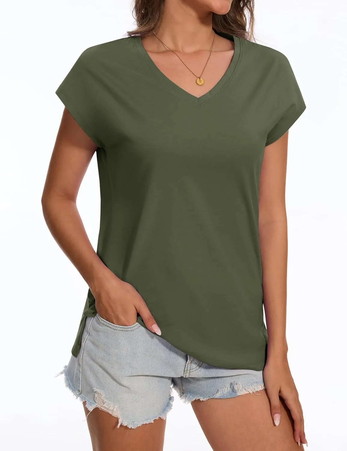 YUCOLEN Womens Cotton V Neck T Shirts Cap Short Sleeve Summer Tops 2025 Trendy Loose Casual Tank for Beach Vacation