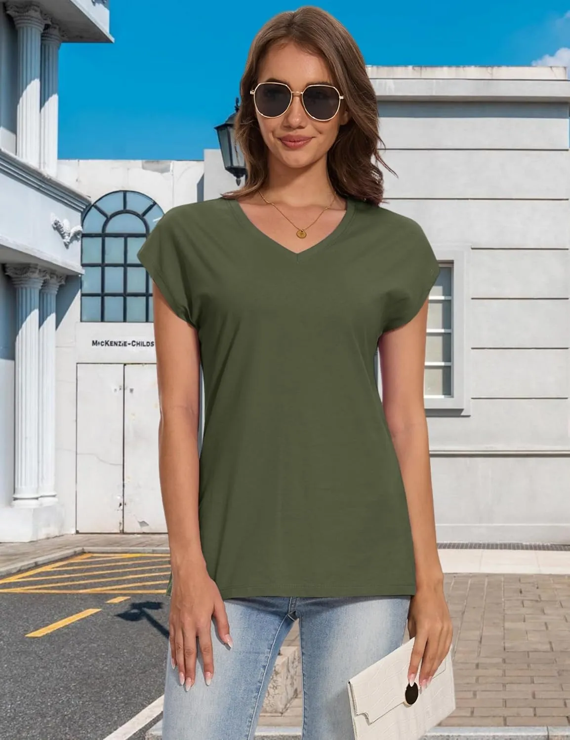 YUCOLEN Womens Cotton V Neck T Shirts Cap Short Sleeve Summer Tops 2025 Trendy Loose Casual Tank for Beach Vacation