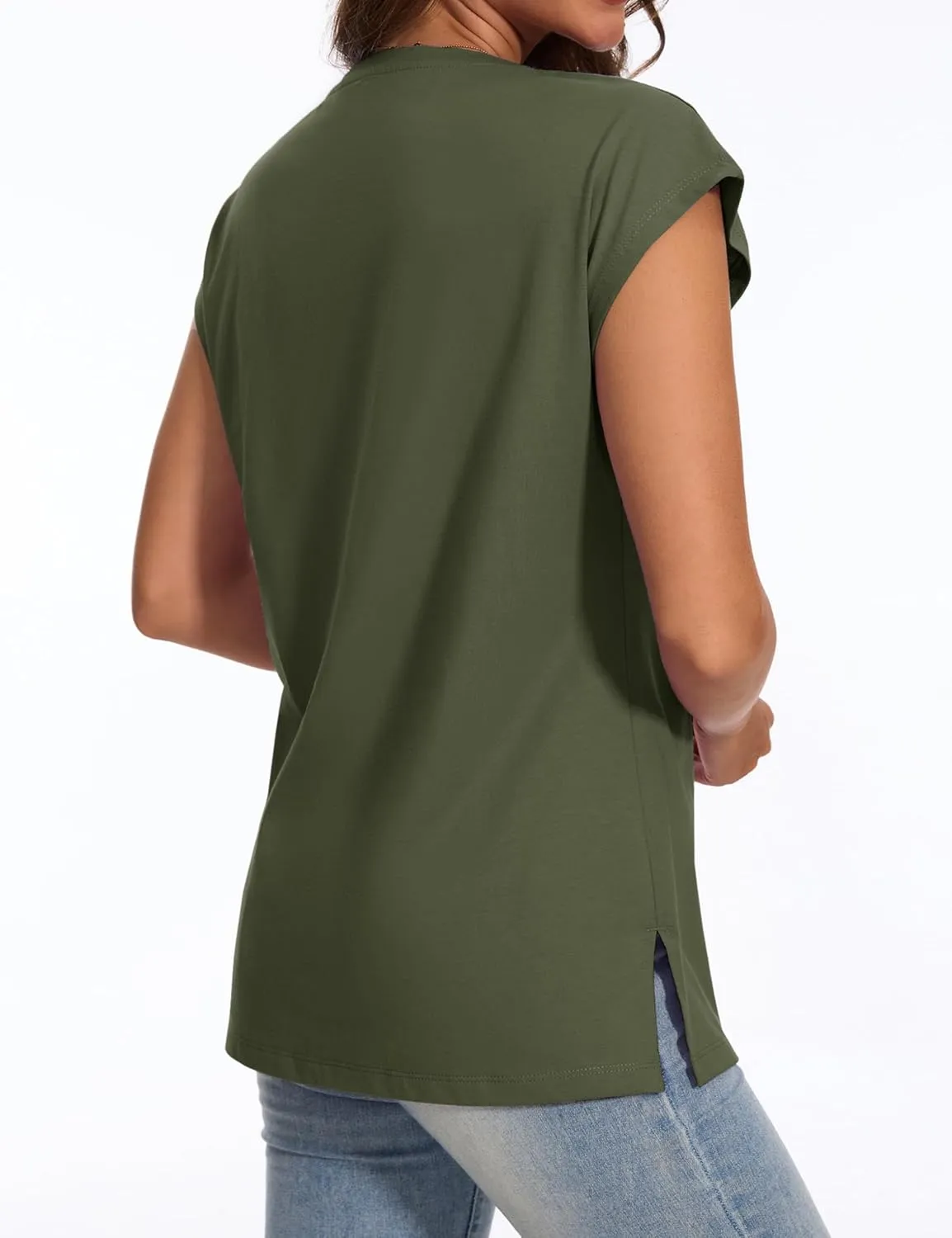 YUCOLEN Womens Cotton V Neck T Shirts Cap Short Sleeve Summer Tops 2025 Trendy Loose Casual Tank for Beach Vacation