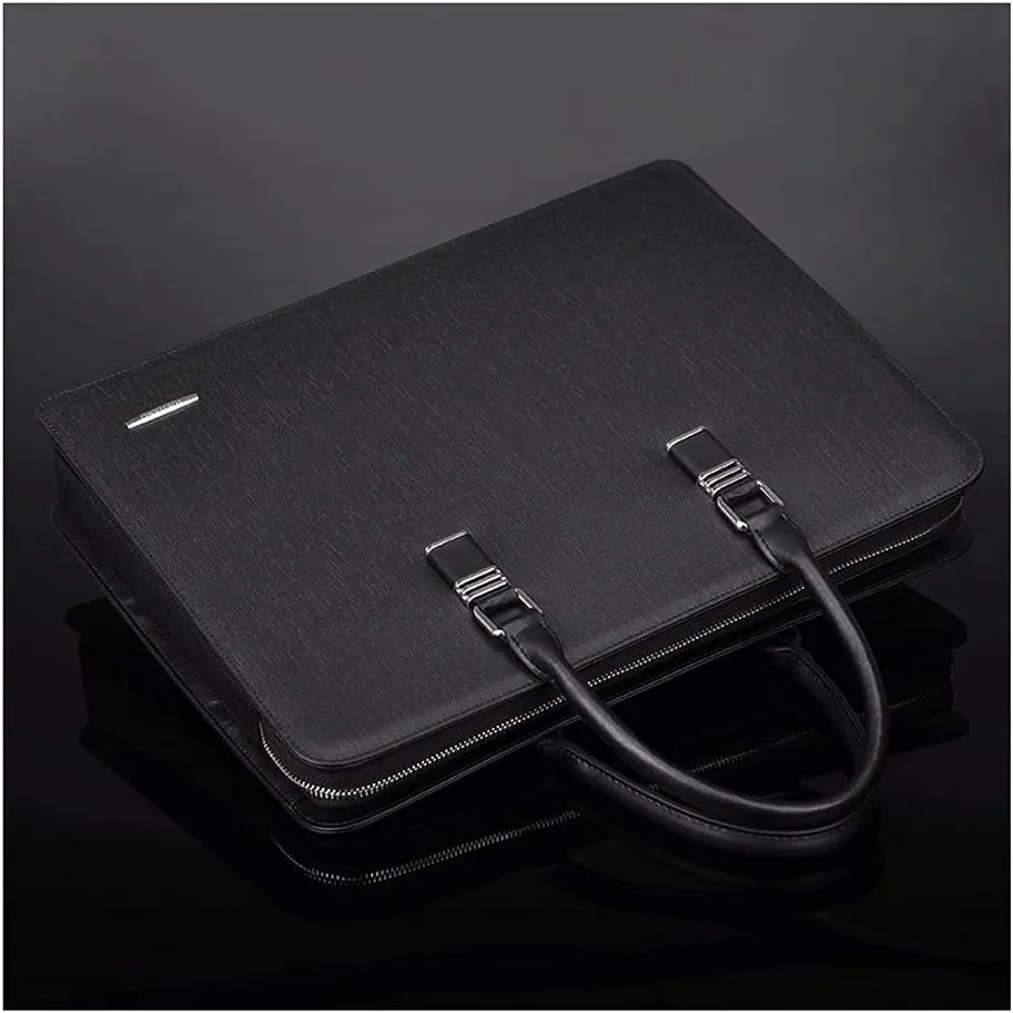 Zipper Cow Leather Briefcase,15.6 Inch Laptop Bag,Black Men Office Bag with Multilayer Combination Lock,Suitable Business Office (Color : Black, Size : 15.6 inch)