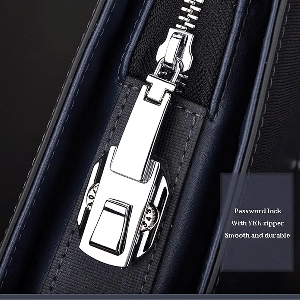 Zipper Cow Leather Briefcase,15.6 Inch Laptop Bag,Black Men Office Bag with Multilayer Combination Lock,Suitable Business Office (Color : Black, Size : 15.6 inch)