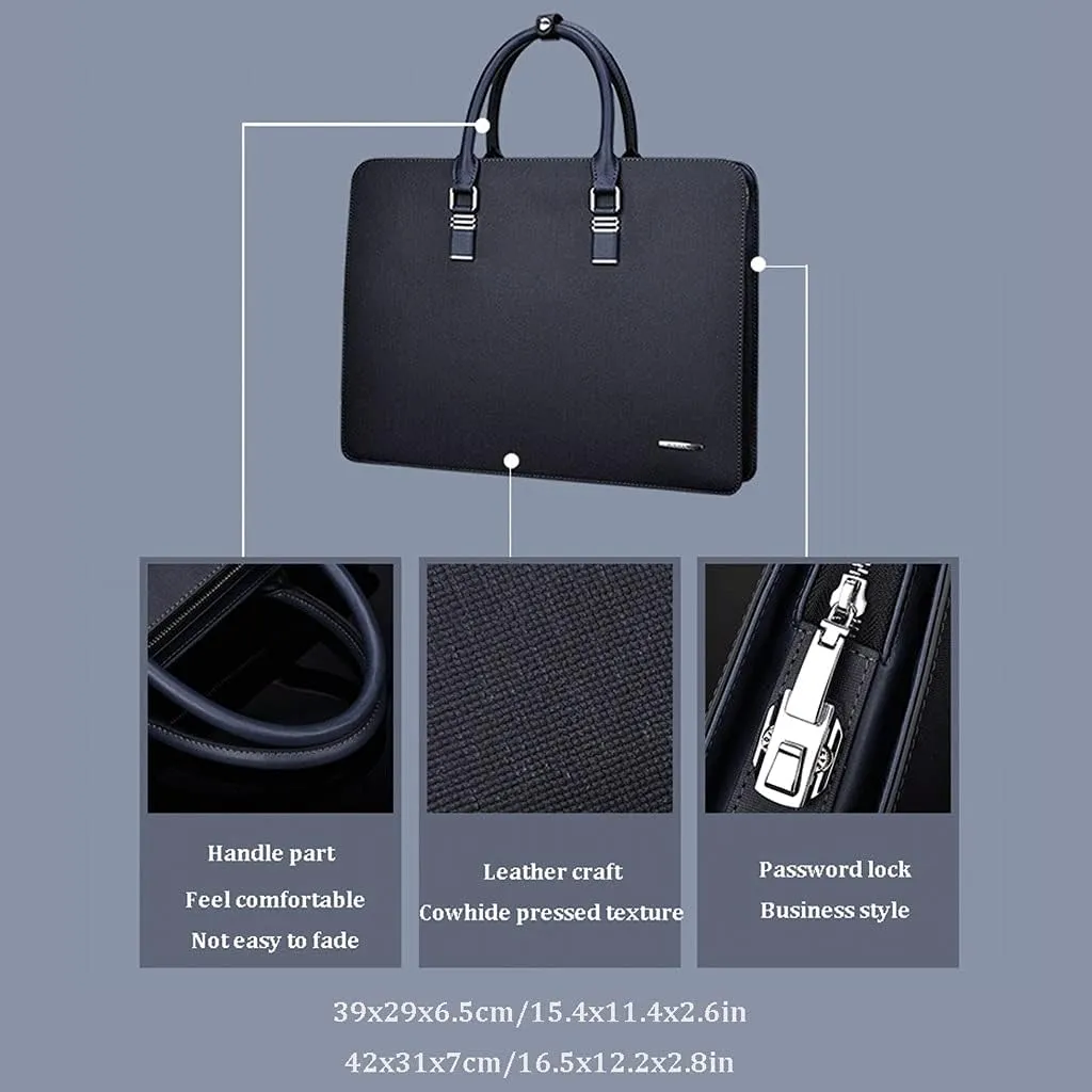 Zipper Cow Leather Briefcase,15.6 Inch Laptop Bag,Black Men Office Bag with Multilayer Combination Lock,Suitable Business Office (Color : Black, Size : 15.6 inch)