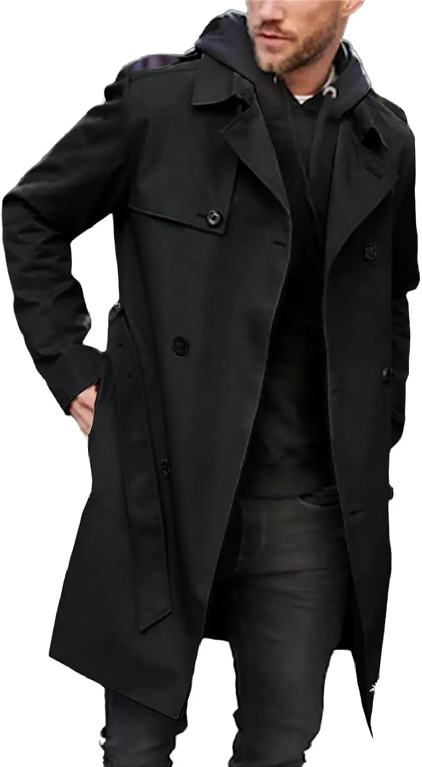 ZWRXW Trench Coat for Men Double Breasted Notched Lapel Casual Slim Fit Long Jacket Windbreaker Overcoats with Belt