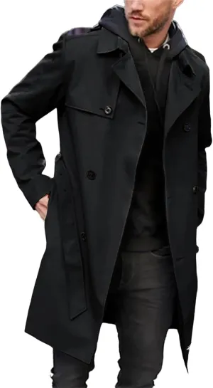 ZWRXW Trench Coat for Men Double Breasted Notched Lapel Casual Slim Fit Long Jacket Windbreaker Overcoats with Belt
